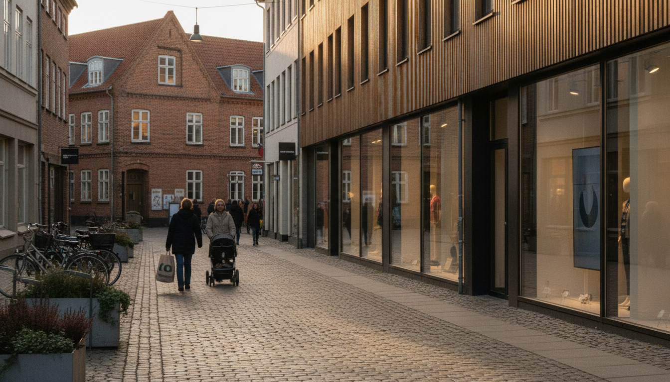 Nærbillede af byggesten og fodgænger på en generisk nordisk gågade med historisk mursten og moderne forretninger.