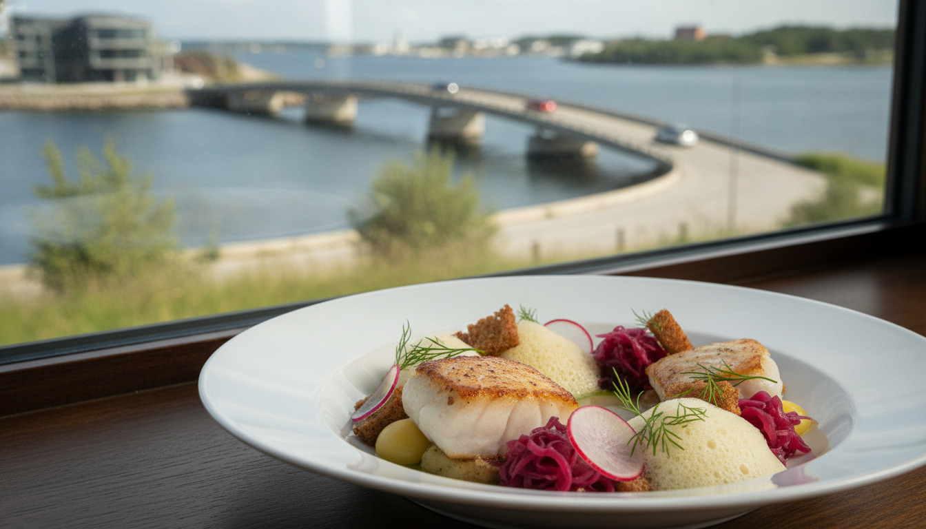 Kunstnerisk anrettet fiskeret på hvid tallerken med radiser, rødbedesalat og kartoffelmos, bagt fisk i fokus.