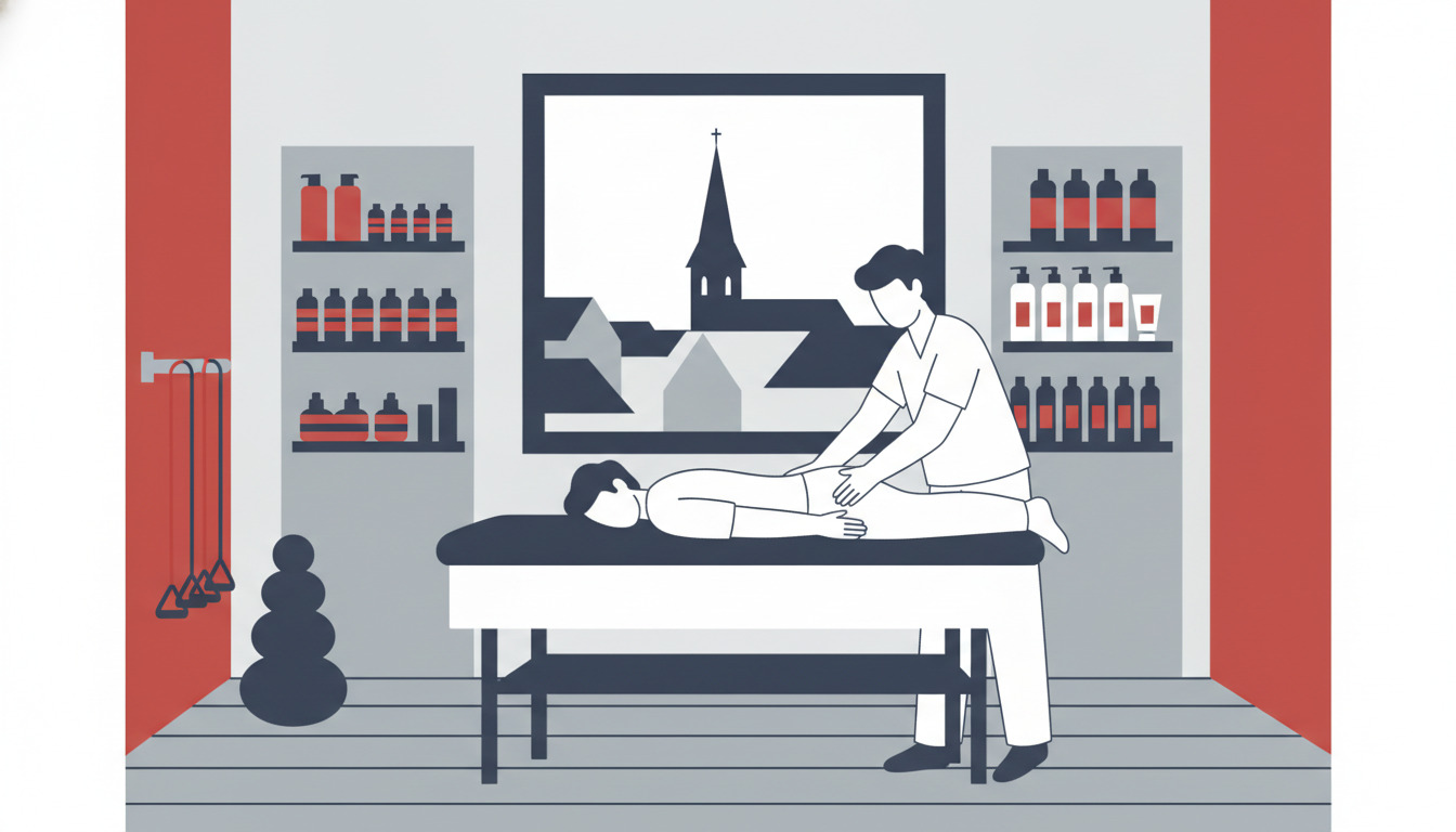 Interiør af et wellness-behandlingsrum med en terapeut, der bistår en patient på et massagebord, hylder med produkter i baggrunden og en bykirke synlig gennem et vindue – men indrammet som en smal central vignette med store røde margener.