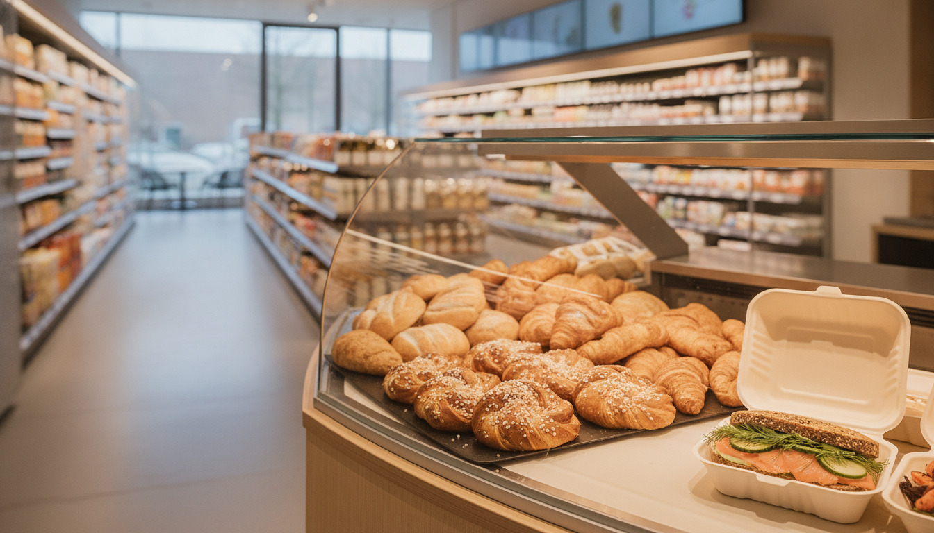Friske bageri- og deli-varer i glasmontre på supermarkedet – rundstykker, croissanter og madpakke i papbakke.