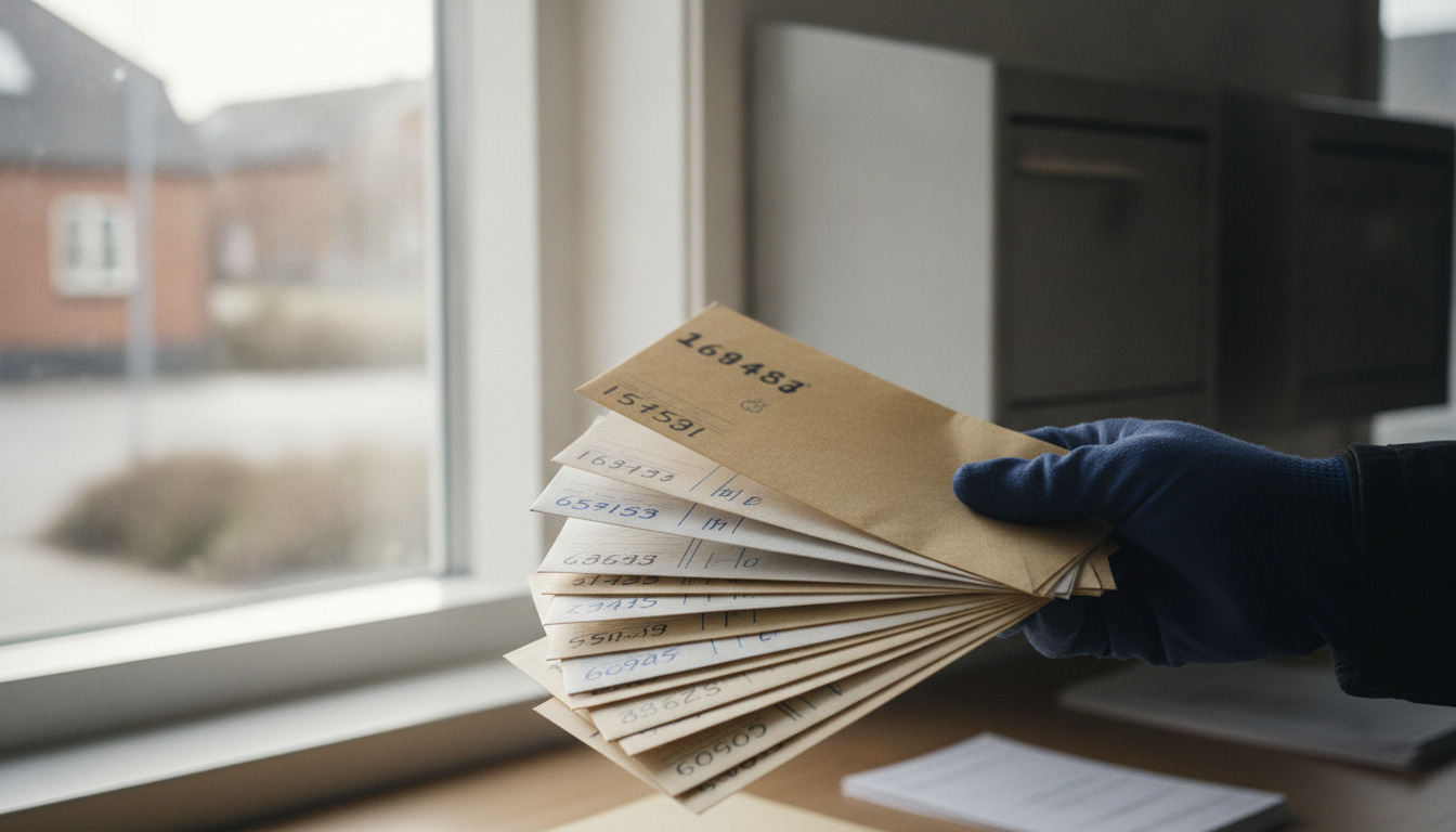 Tætbillede af hænder i handsker, der sorterer post og breve med ukendeligt brevpapir ved dagslys.