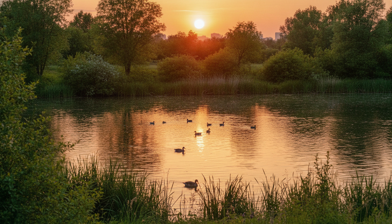Solnedgang over en fredelig sø med sivs og vandfugle — generisk naturscene.