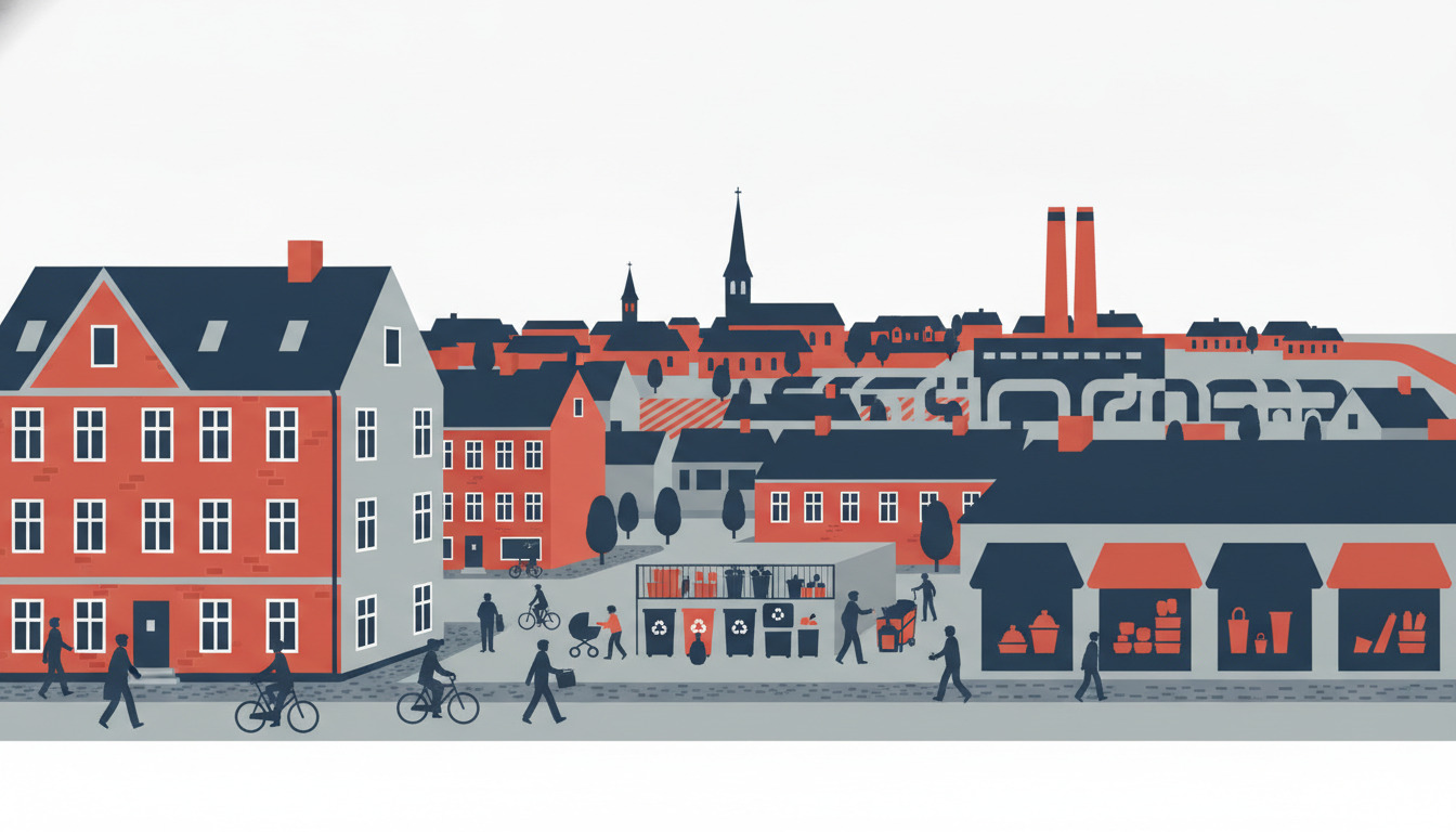 Flad vektorillustration af en skandinavisk bygate med røde og flødefarvet beboelsesbygninger, kirketårne, et fjernvarmekraftværk med dobbelte skorstene, en genbrugss- og affaldsstation samt beboere med cykler på en offentlig plads.