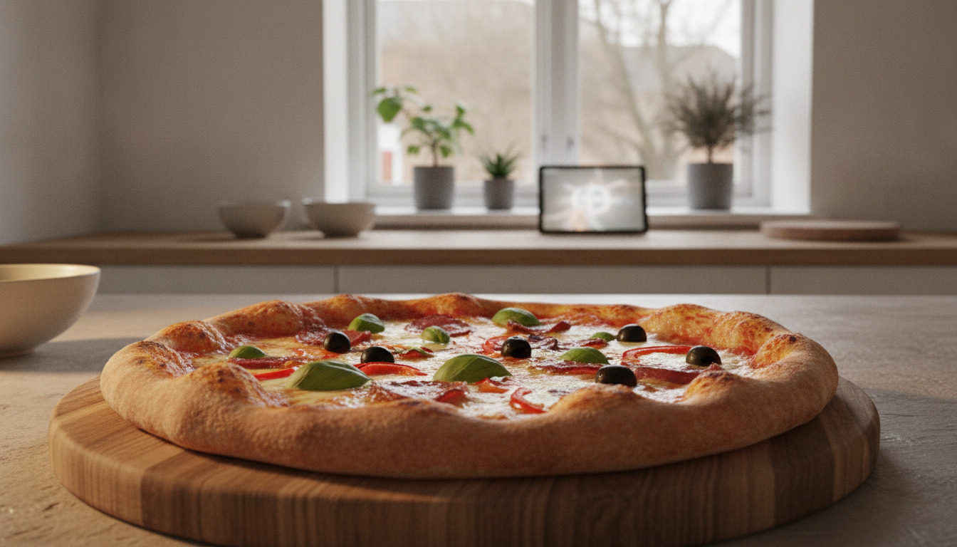Friskbagt pizza med ost, basilikum og toppings på træ serveringsbræt i lyst køkkenmiljø.