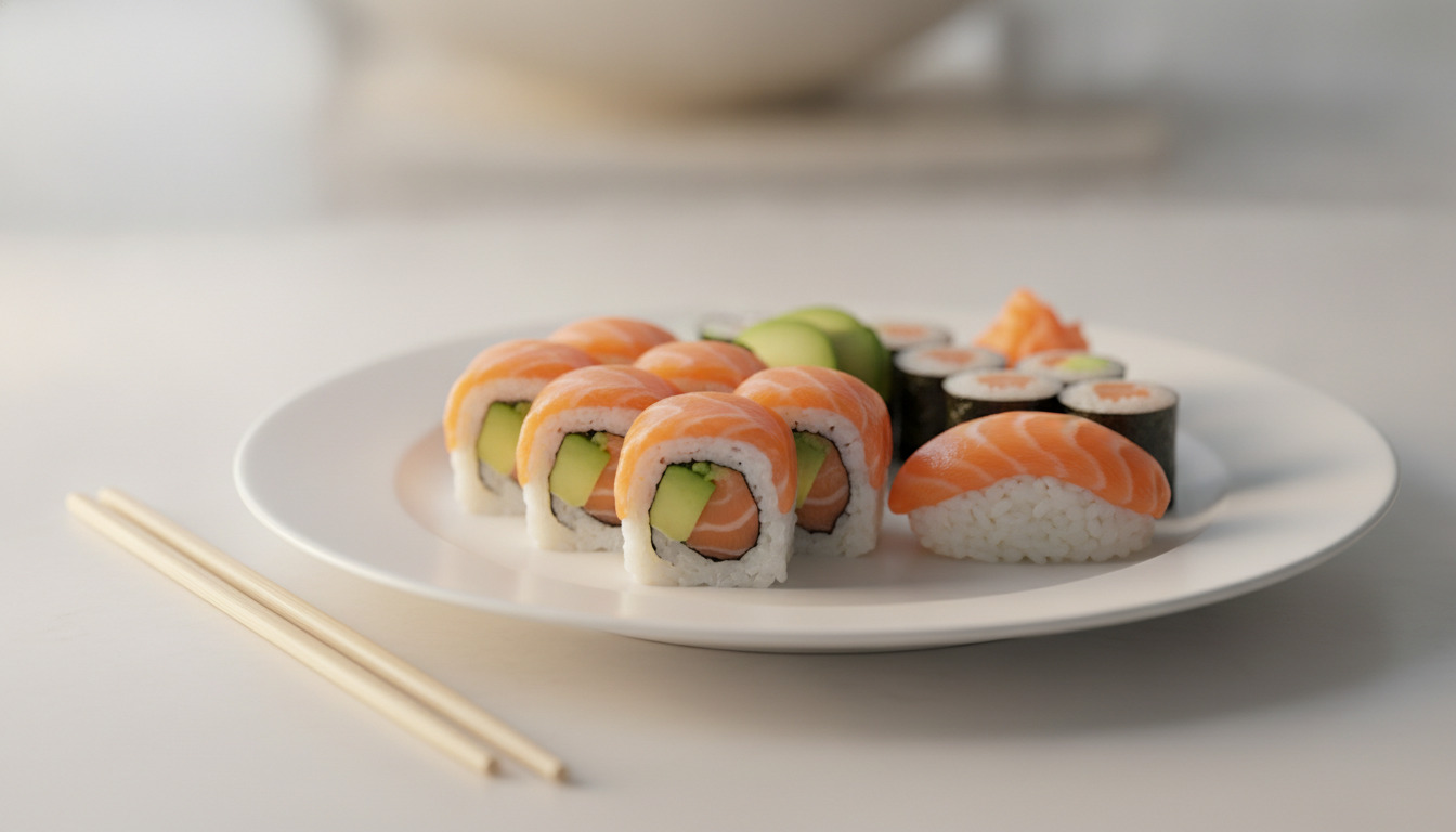Sushitalerken med laks, avocado og ris på hvidt fad med spisepinde.