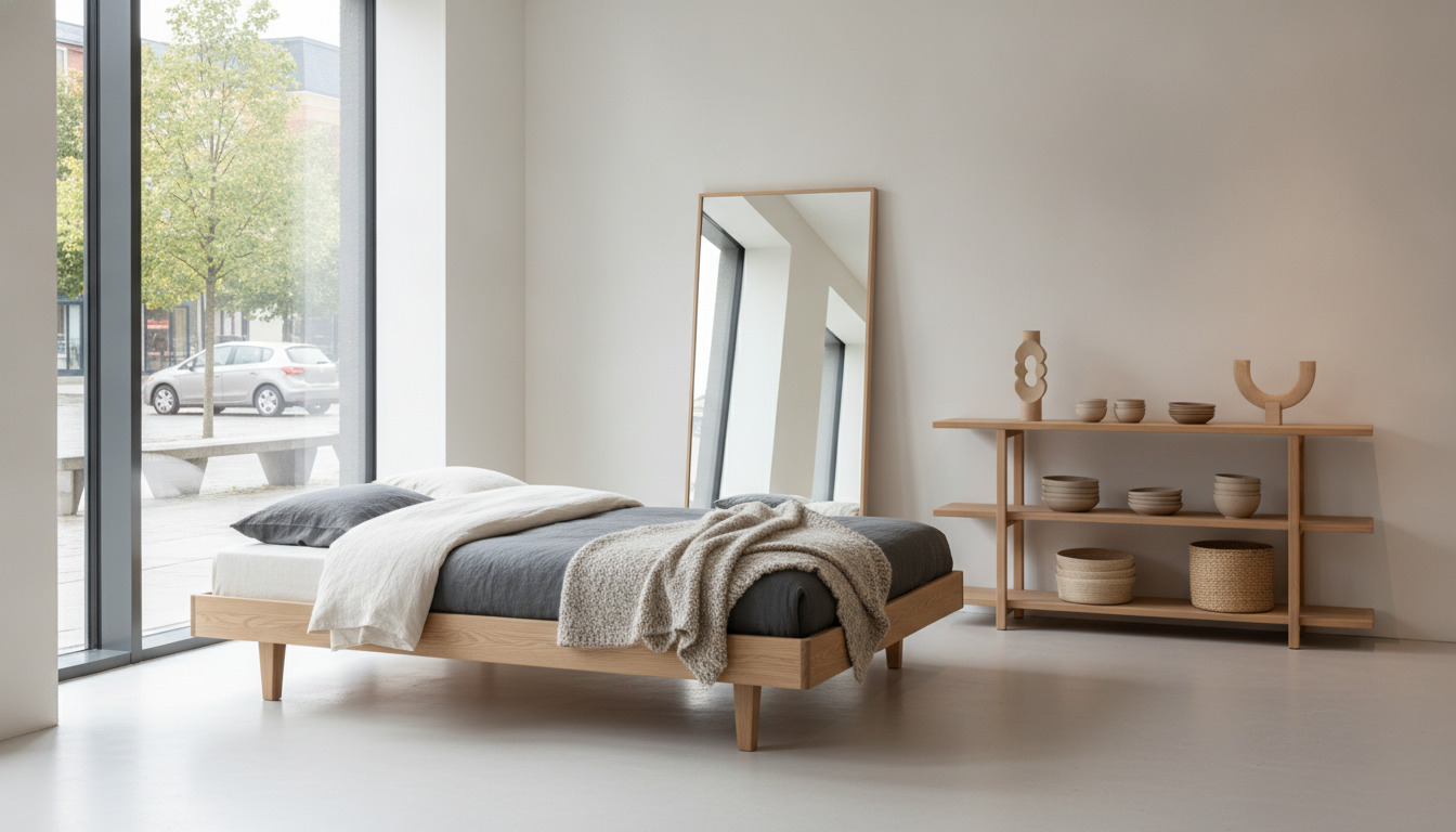 Skandinavisk møbeldetalje med træseng, tekstiler og hylder med keramik i neutral Nordisk stil.