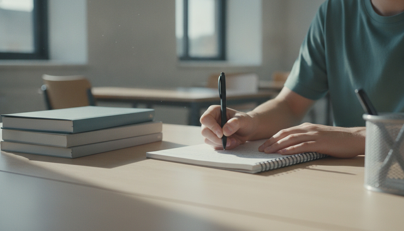Tætklip af hænder, der skriver i notesbog på træbord med bøger og pen i blidt daglys.
