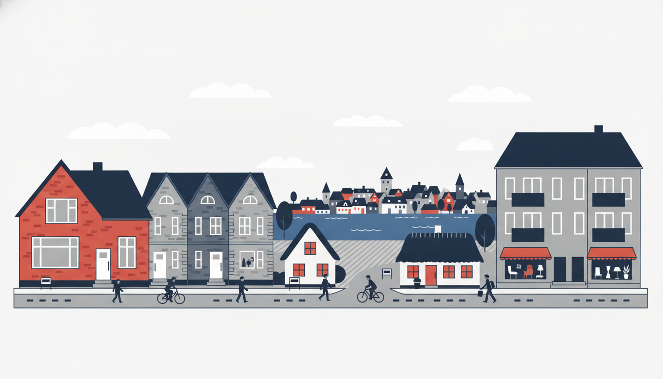 Charmerende dansk kystby-gadebillede med rødt mursten-villa, grå rækkehuse, hvidt sommerhus og grå lejlighedsbygning med saddeltage, store vinduer, vandfront i baggrunden, fodgængere og cyklister.