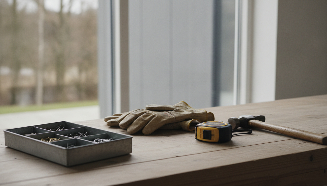 Håndværktøj og materialer på et træbord: arbejdshandsker, målebånd, hammer og hardware i bakke.