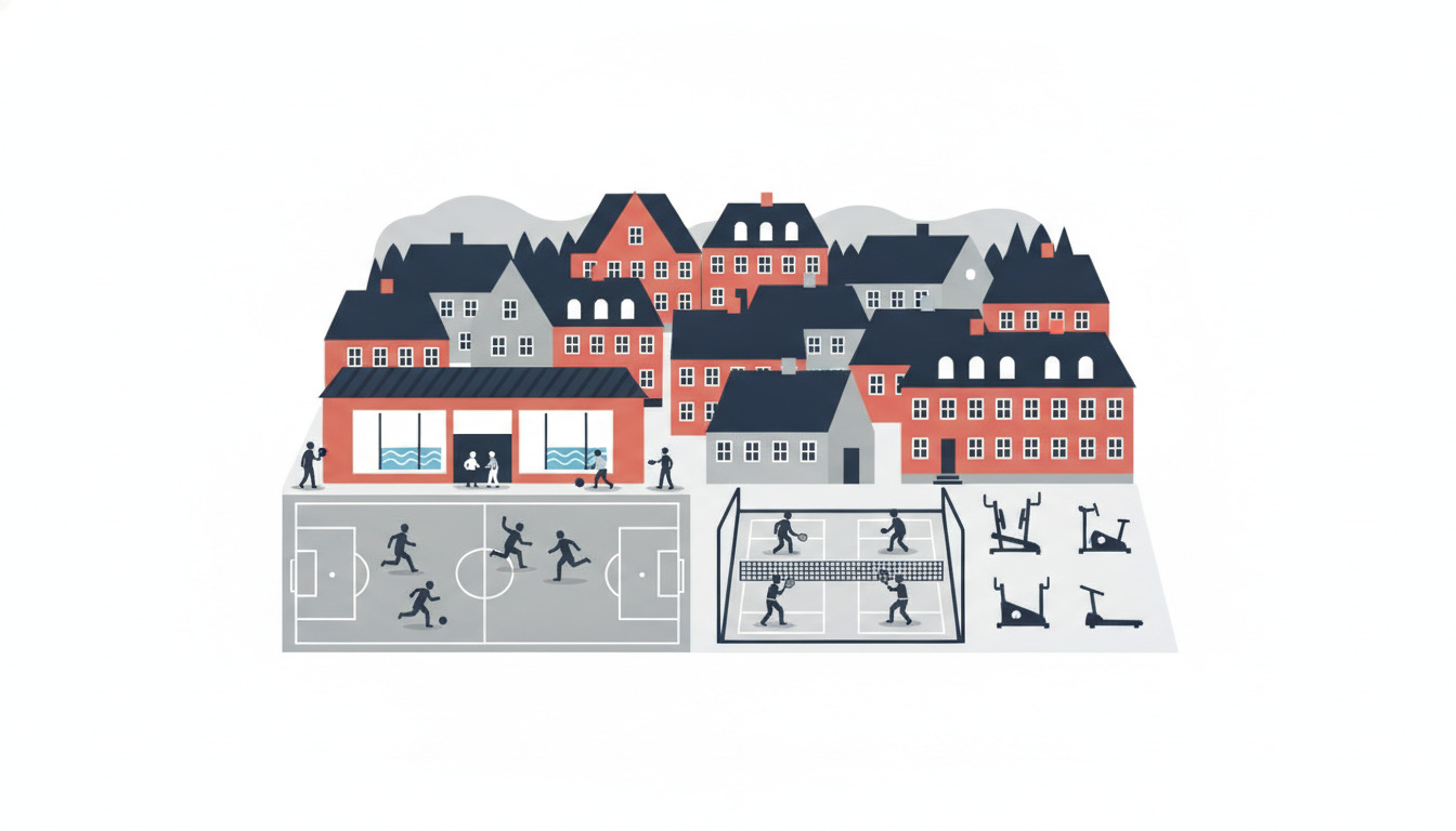 Farvivrig sportskompleks i dansk by med fodboldbane, svømmehalsindgang, padelbane og fitnessfaciliteter. Mennesker i alle aldre deltager i fodbold, padel, svømning og fitness.