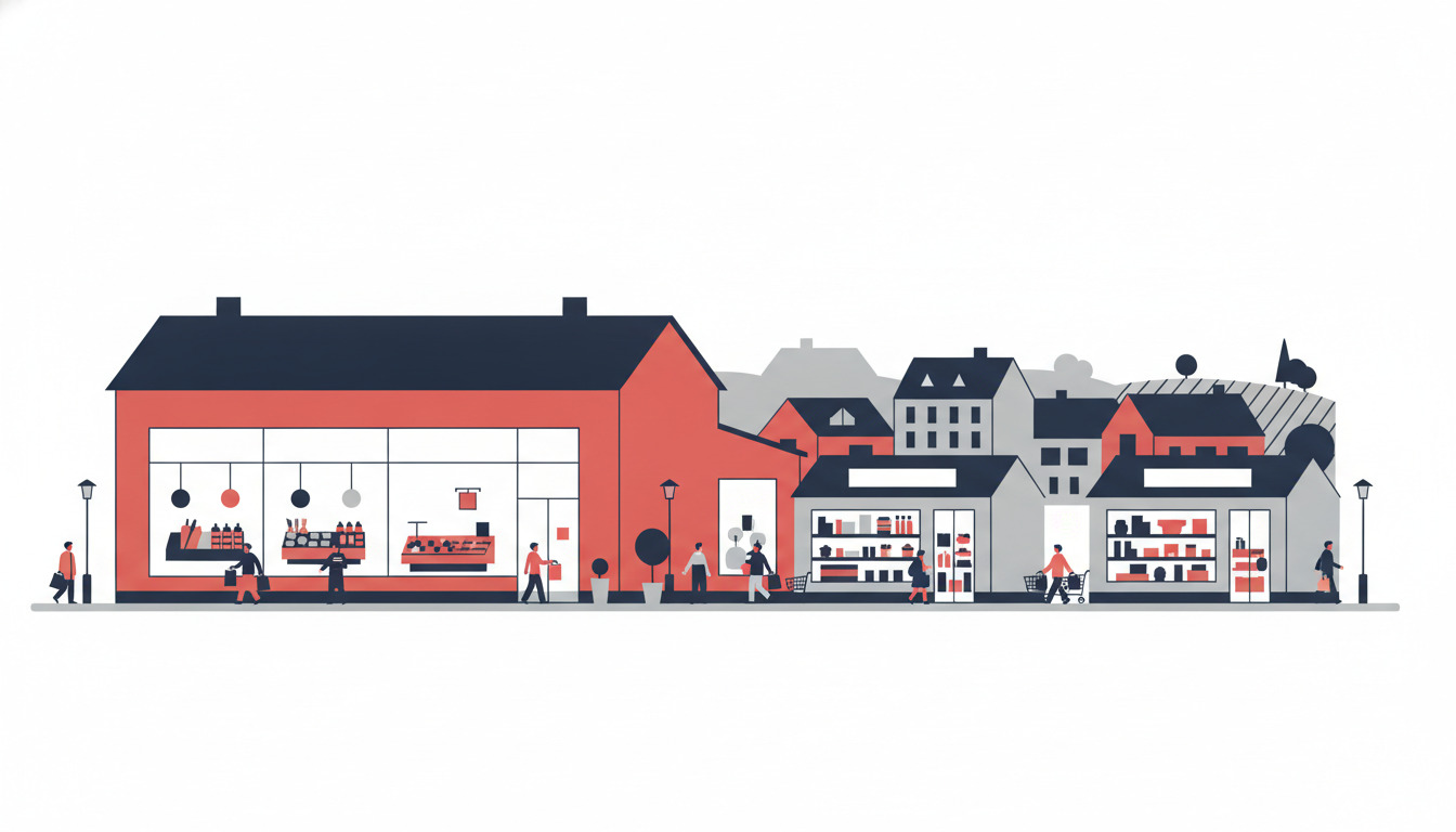 Galten dagligvarebutikker: travl gadesce med supermarked med store vinduer, mindre discountbutikker, og kunder med indkøbsposer mellem butikkerne.