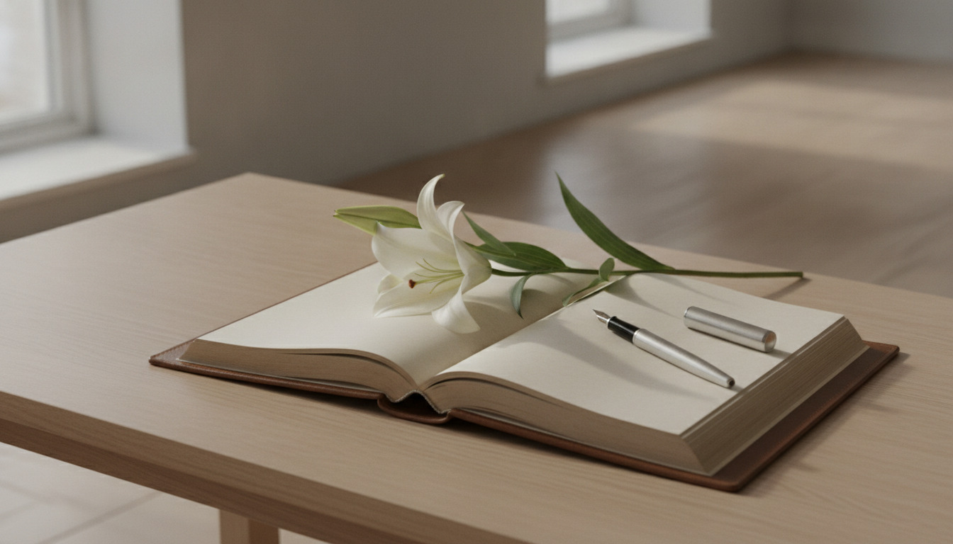 Åbent journal med hvid lilje, pen og minimalistisk bordopsætning i naturligt lys.