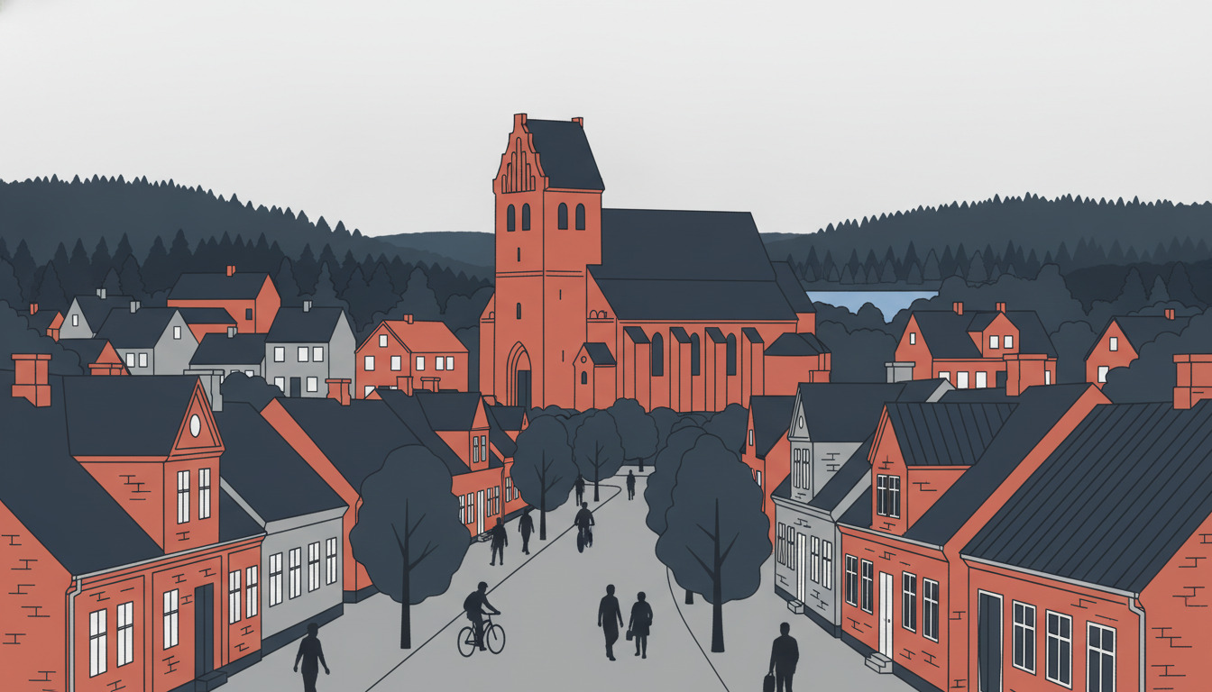 Fladvektorillustration af Bryrup, en dansk jernbaneby i en skovdal. En rødt-muret kirke med romansk arkitektur dominerer centrum. Træbeplanttet hovedgade med periodebygniger, skoverige bakker og et glimt af en sø i baggrunden.