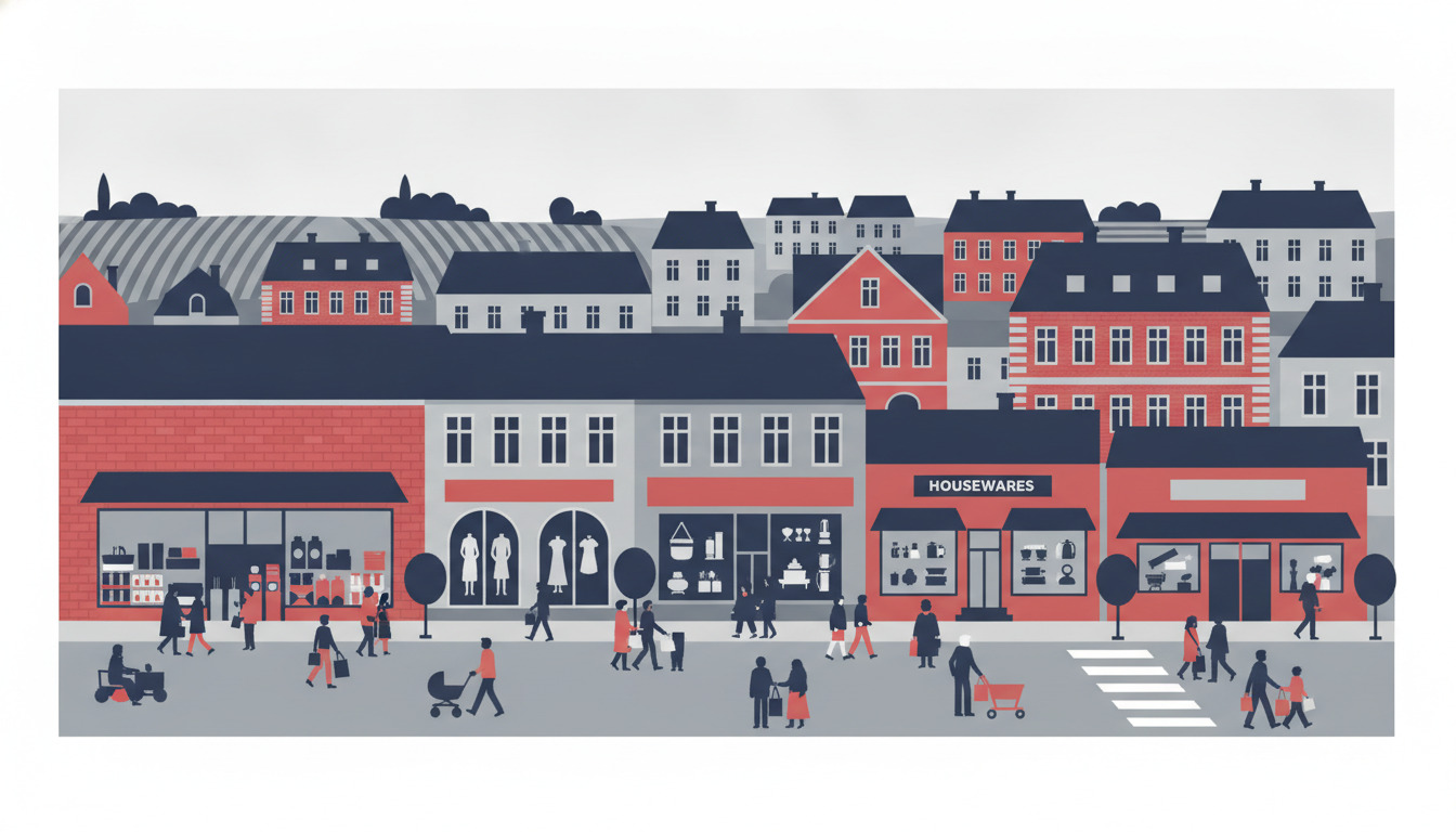 En levevande shoppinggade i Give bymidte med rødt mursten og cremefarvede butiksfacader, der viser supermarkedsvarer, tøj og husholdningsartikler. Danske boligbygninger rejser sig bagved; fodgængere og familier kigger og handler.