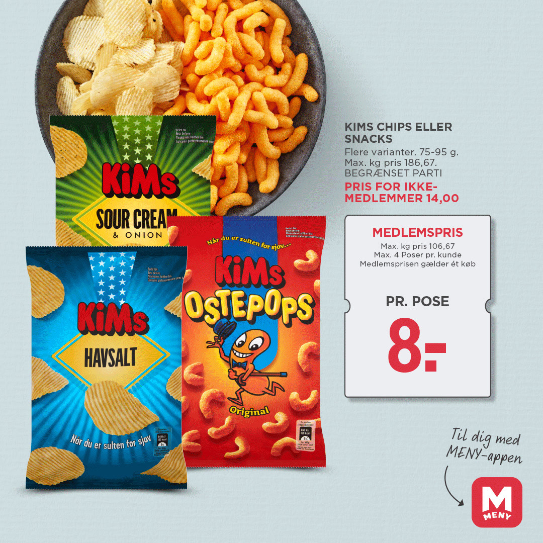 Nye medlemspriser i MENY Hjerting: KiMs chips til kun 8 kr.
