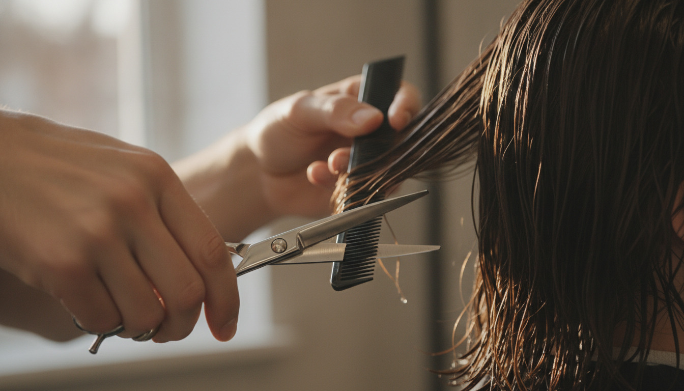 Frisør klipper sort hår med saks og kam i tæt detalje. Professionelle barberfrisørværktøjer i fokus, varmt lys.