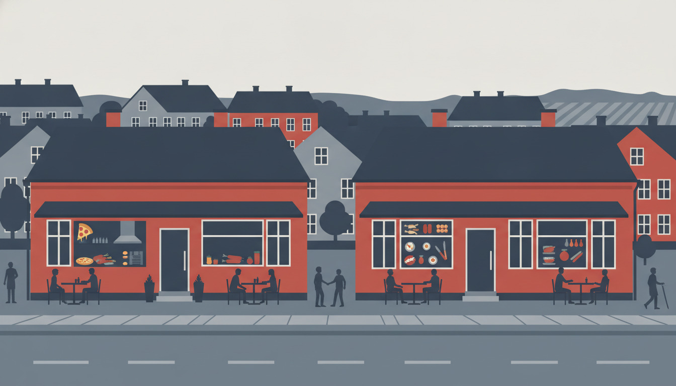 Solbjerg Hovedgade gadekulisse med to røde caféer side om side, der viser pizza og mediterran mad i butiksvinduer, med beboelsesbygninger og bylandskab i baggrunden.