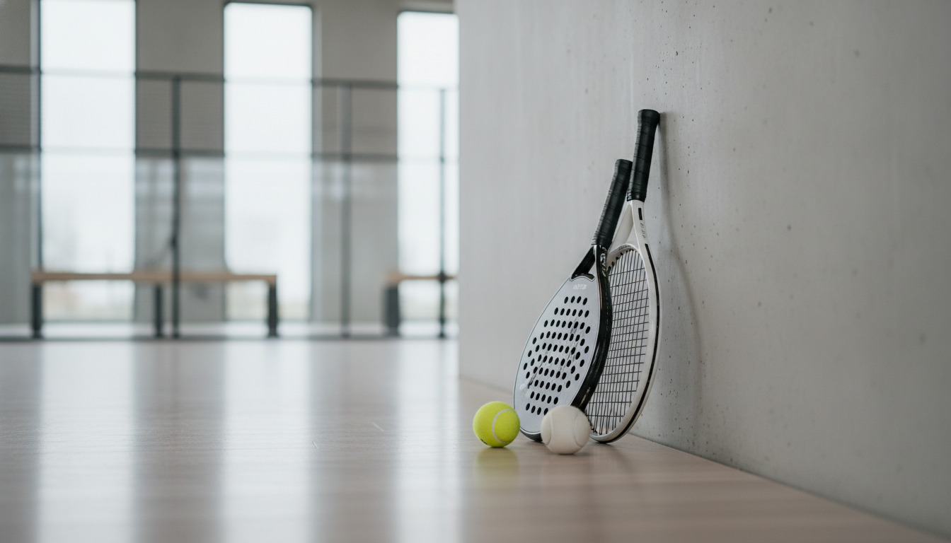 Padel- og tennisketsjere lænet mod væg med bolde på gulvet i moderne hal.