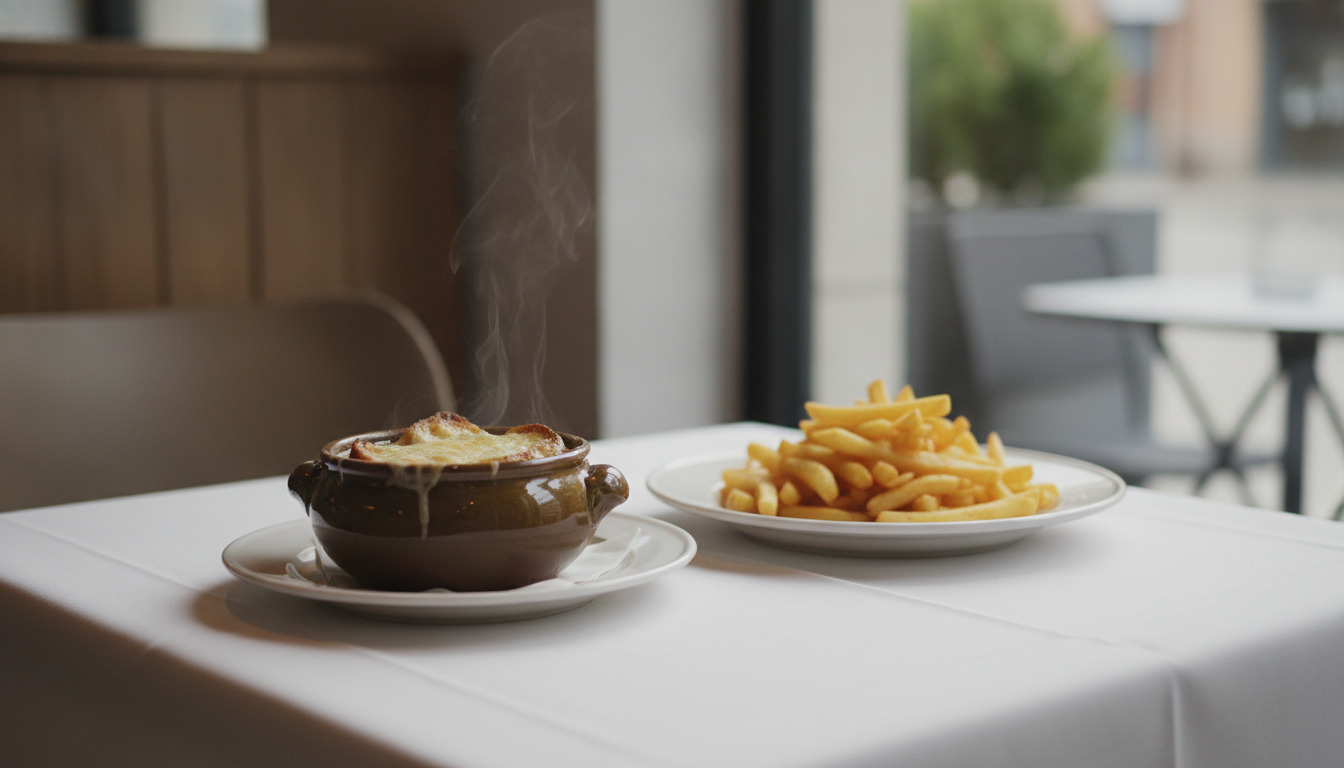 Tæt optagelse af fransk løgsuppe i terrin og pommes frites på hvid dug ved et kahlebord.