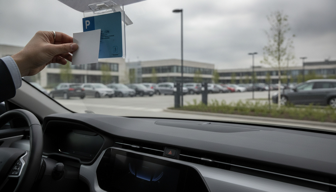 Hånd holder parkerings­tilladelse ved bilrude i parke­ringsområde med moderne byggeri i bag­grund.