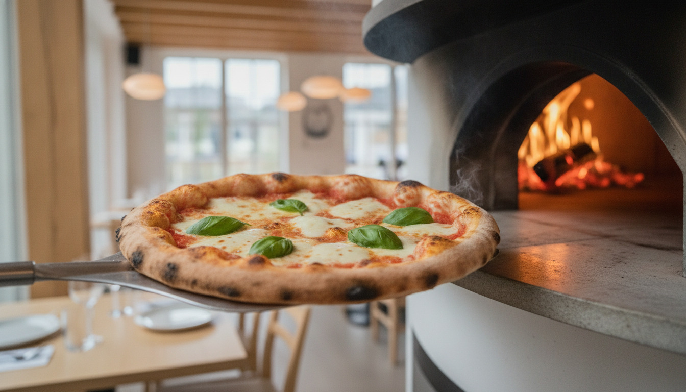 Friskbagt Margherita-pizza med mozzarella, basilikum og sprødt skorpe ved træfyret ovn.