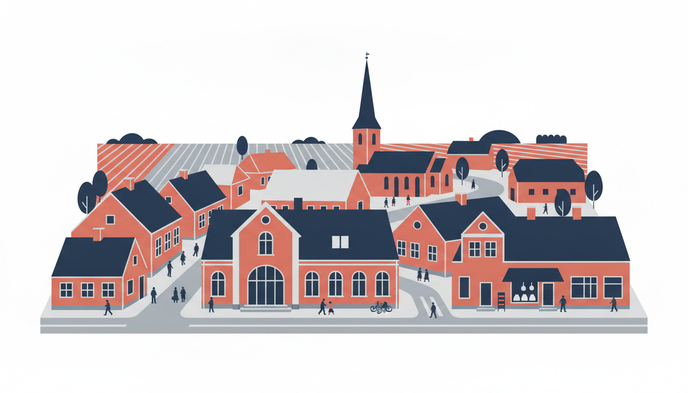 Ejstrupholm bymidte med togstation fra det 19. århundrede (stor rødt murværk bygning med buet indgang) som midtpunkt, flankeret af traditionelle danske huse, middelalderligt kirkespir som stiger prominent op i baggrunden, omgivet af saddeltage og landligt landskab.
