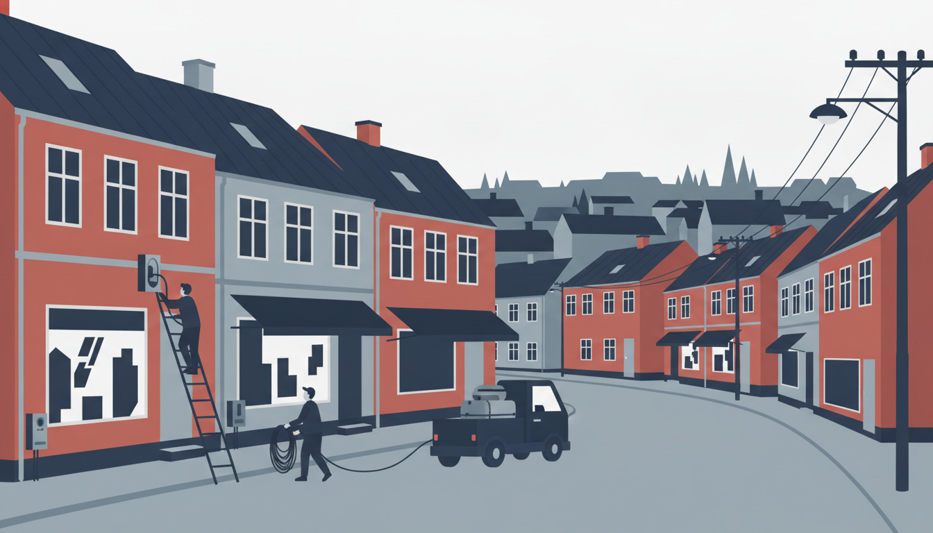 En dansk bymidte med røde og grå bolighuse langs en gade, hvor teknikere installerer fibernet og bredbåndsinfrastruktur på facader og master.
