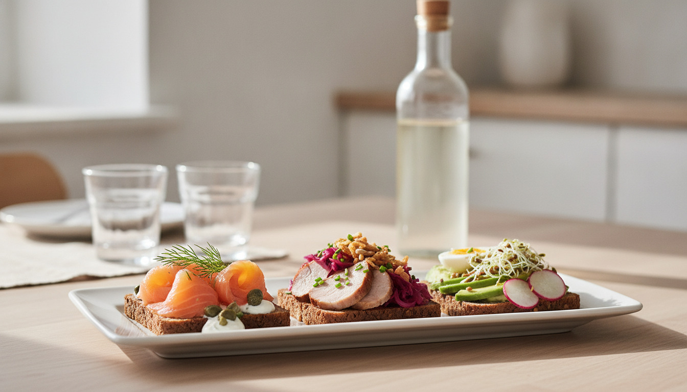 Kunstnerisk anrettet dansk smørrebrød med laks, rodbeder og grøntsager på rugbrød, serveret på hvidt fad med glas og snapseflaskei baggrunden.
