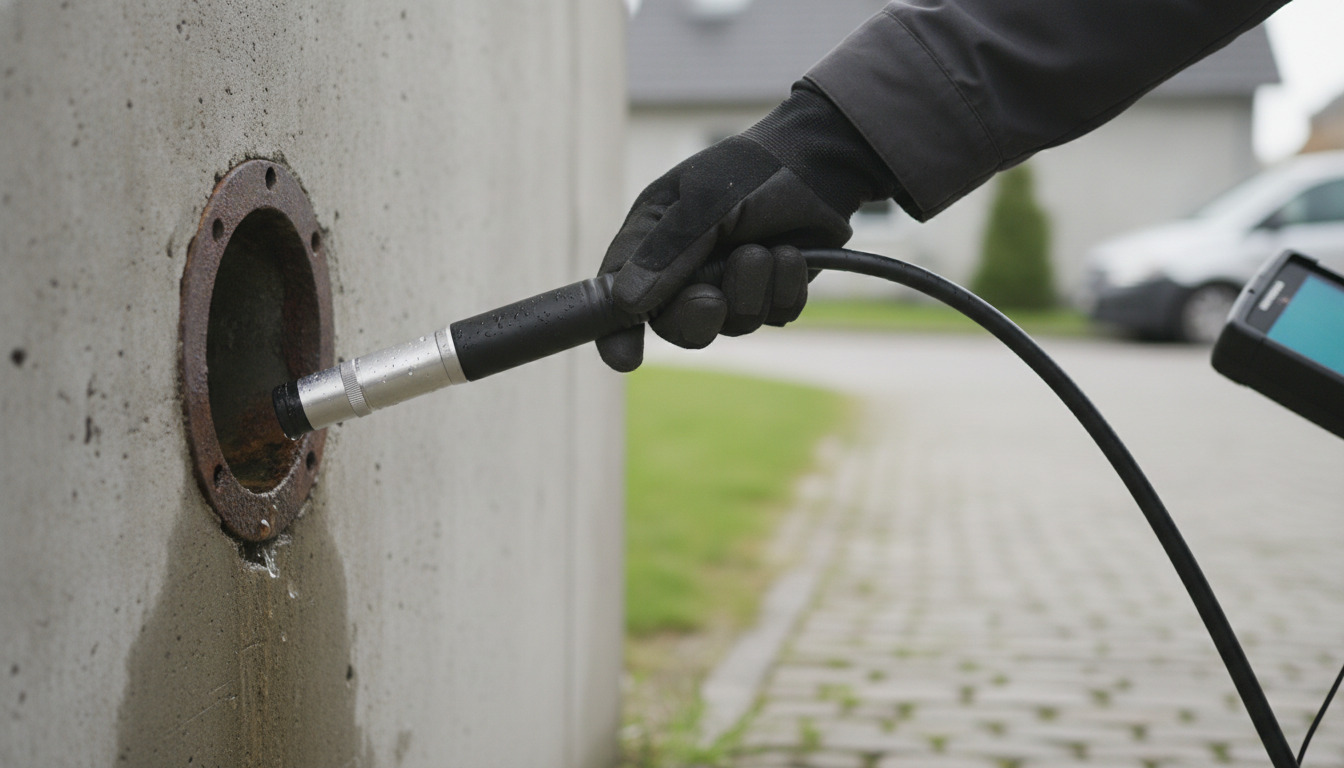 Detalje af glovehandske med inspektionssonde indført i kloakåbning med vanddråber på metaldele.