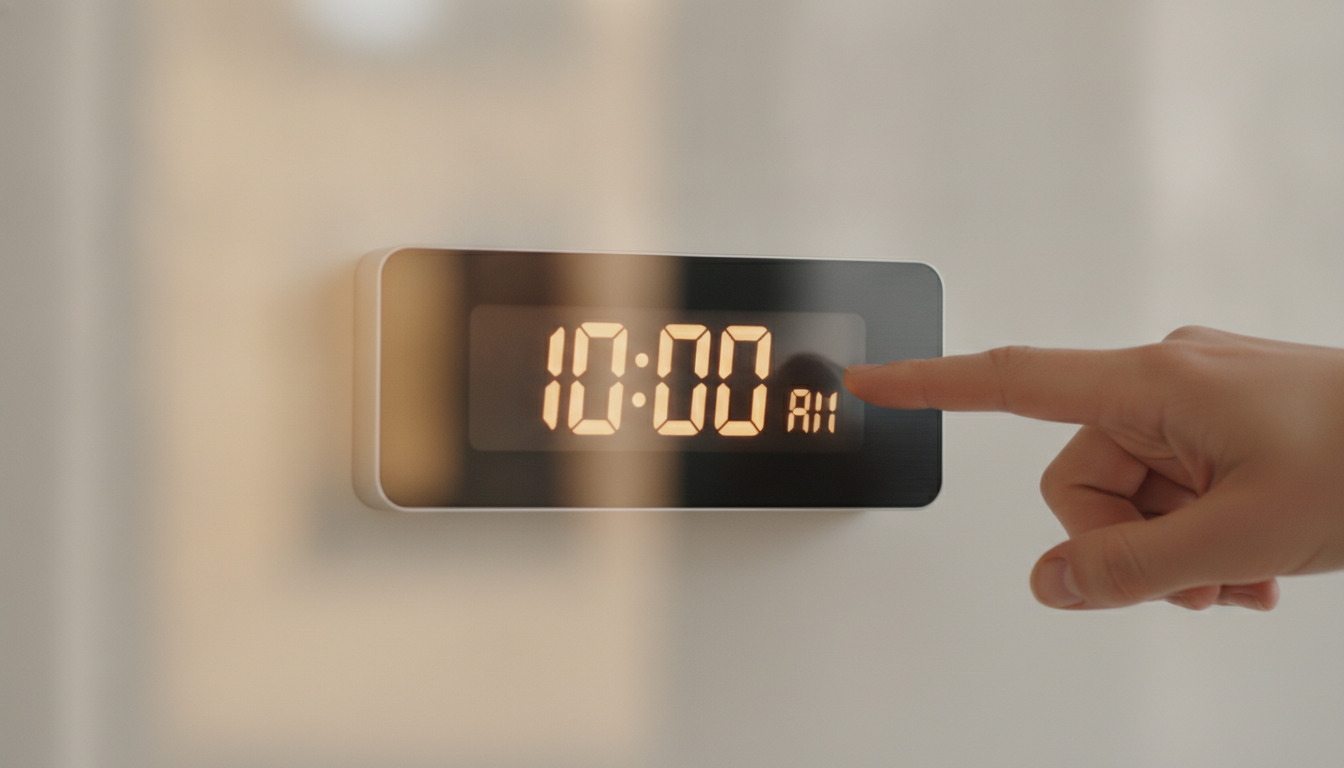 Hånd peger på digitalt ur med display viser 10:00 AM mod lysegrå væg.