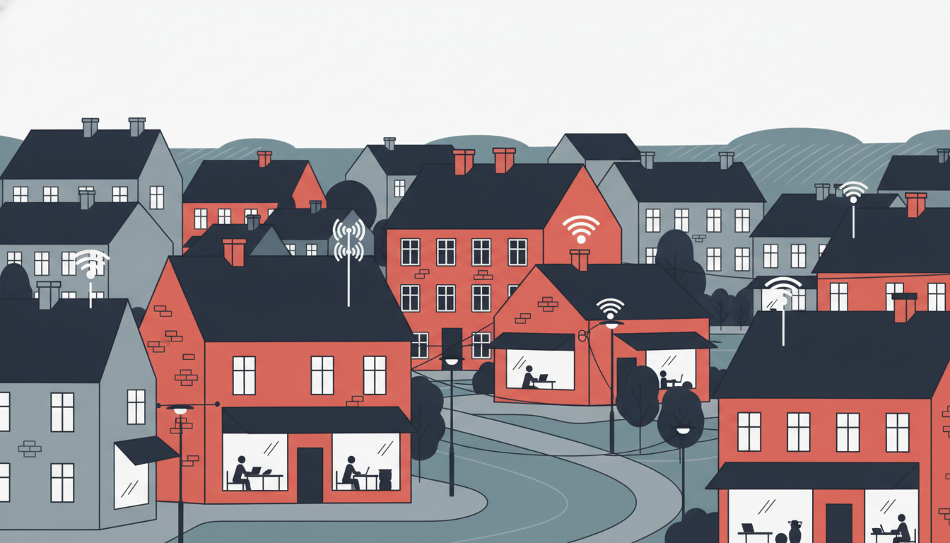 Dansk by med røde og grå huse, mennesker arbejdende ved computerudstyr synlige gennem vinduer, wifi-symboler og bredbåndstårne integreret i gadebilledet.