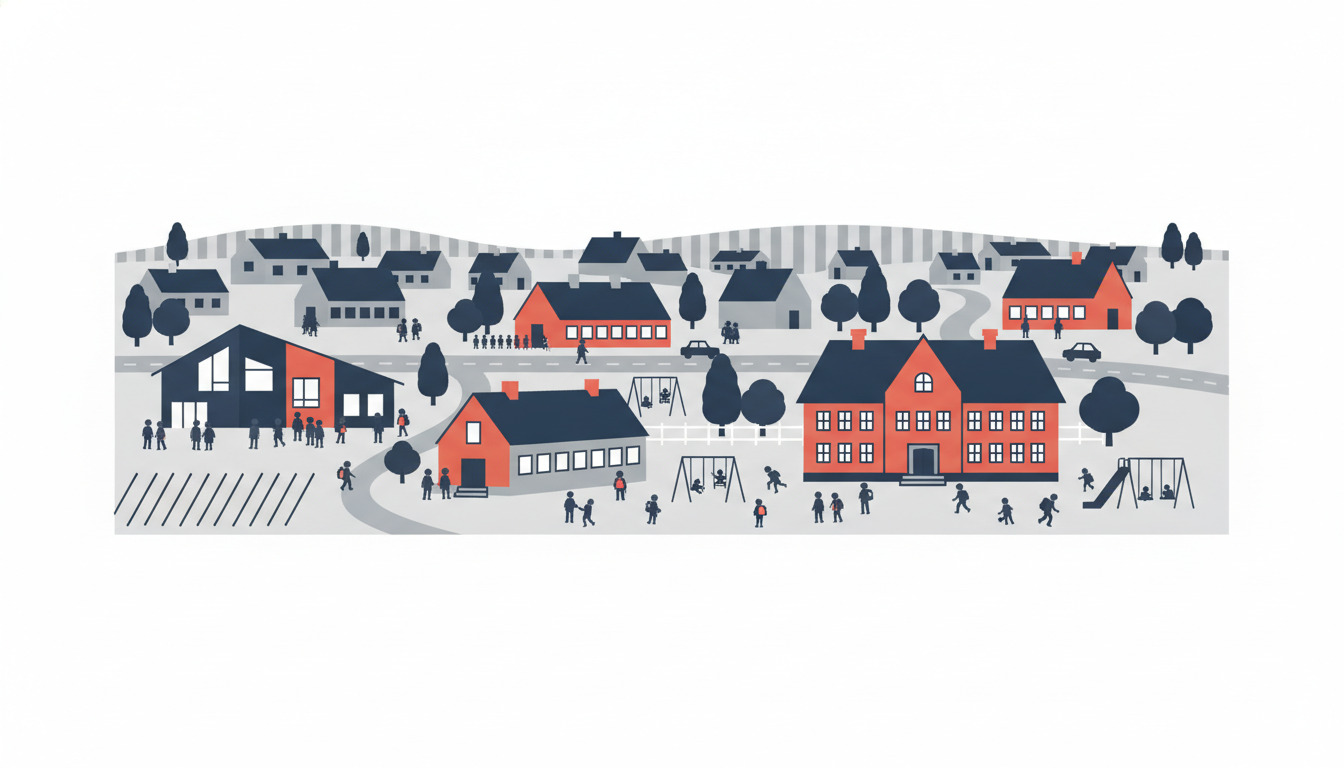 Fladvektor illustration af Haderslev-skoler: røde og mørkeblå skolebygninger med forskellige arkitekturstile spredt i landskabet, børn leger på græsplæner og skolegårde, boligkvarterer og små byer i baggrunden.
