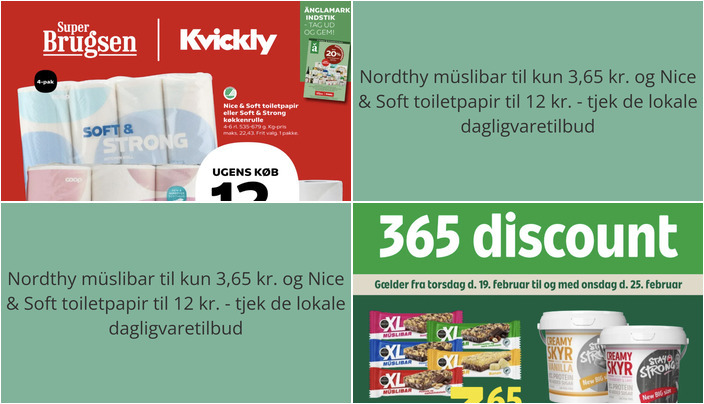 Nordthy müslibar til kun 3,65 kr. og Nice & Soft toiletpapir til 12 kr. - tjek de lokale dagligvaretilbud