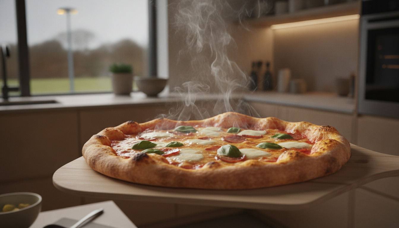 Friskbagt pizza med smelt ost og basilikum på træ-serveringsbræt, damp stiger op, varm nordisk dagslys.