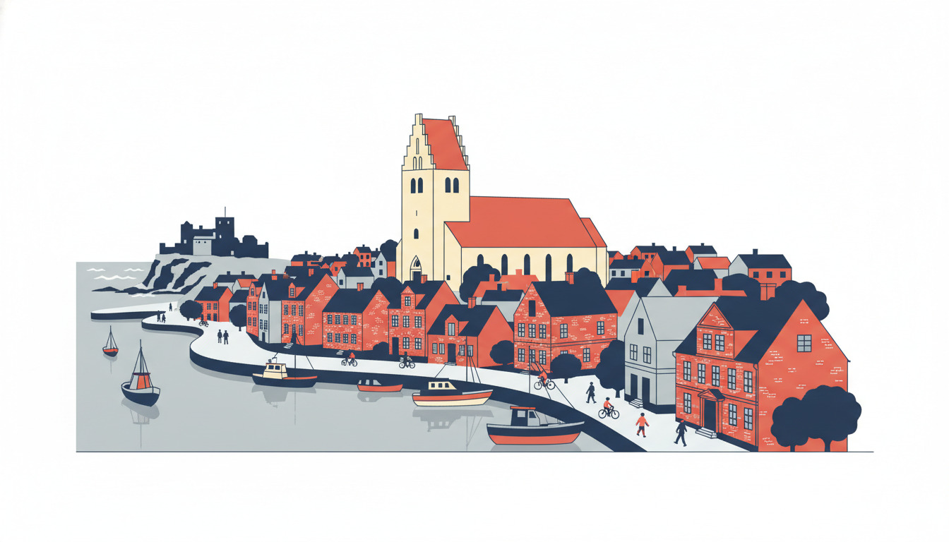 Allinge by på Bornholm: gul Allinge Kirke med rødt tag blandt røde mursten huse ved havnen med både, Hammershus slot på klipperne i baggrunden.