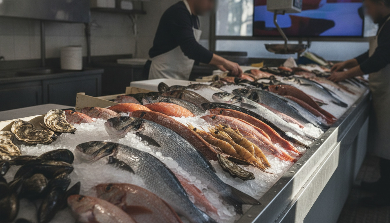 Fersk fisk og østers på knust is på en fiskestand ved havnen, med sollys på skjellene.