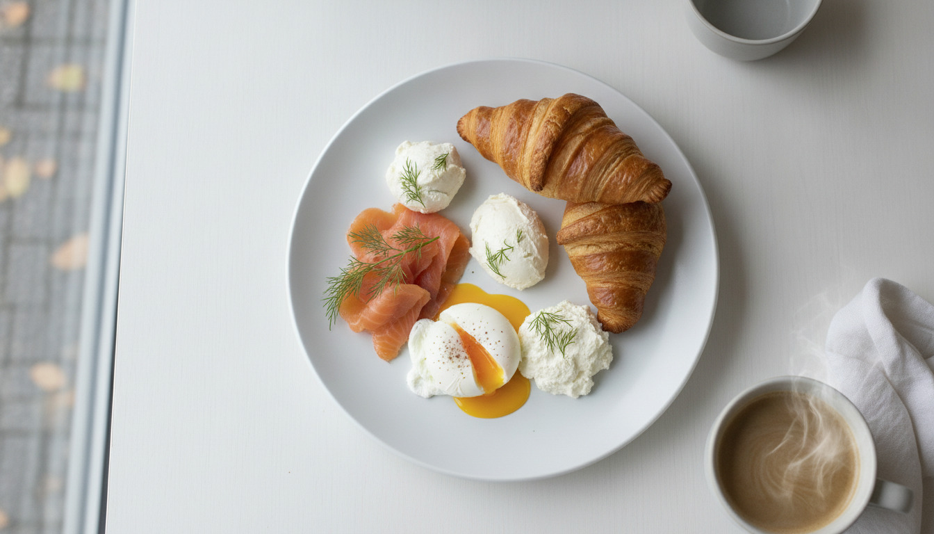 Kunstnerisk arrangeret brunchtallrik med røget laks, croissanter, ost og pocheret æg på hvid tallerken.