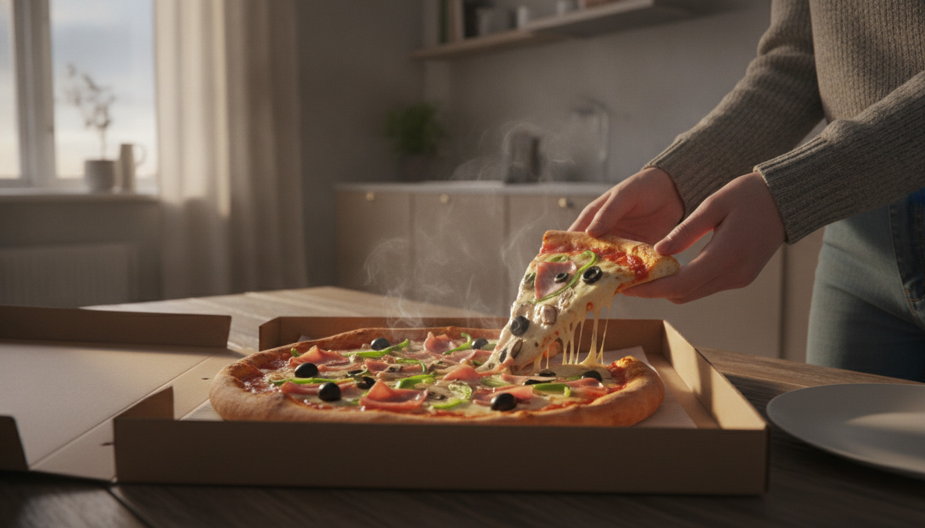 Hænder løfter en varm pizzaskive fra en åben karton, med smeltende ost og toppinger synlig. Damp stiger op.