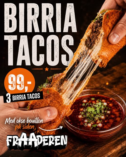 FrAAderen har 3 Birria Tacos til 99,- på Taco Tuesday