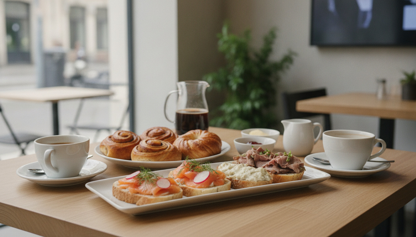 Luksuriøs brunchopsætning med smørrebrød, rundstykker, kaffe og kaffekande på træbord.