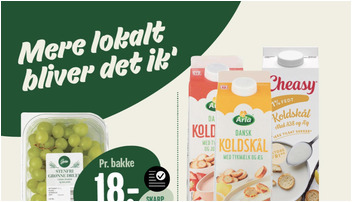 Gestus stenfri grønne druer til 18 kr. og Arla eller Cheasy koldskål til 14 kr. hos Min Købmand