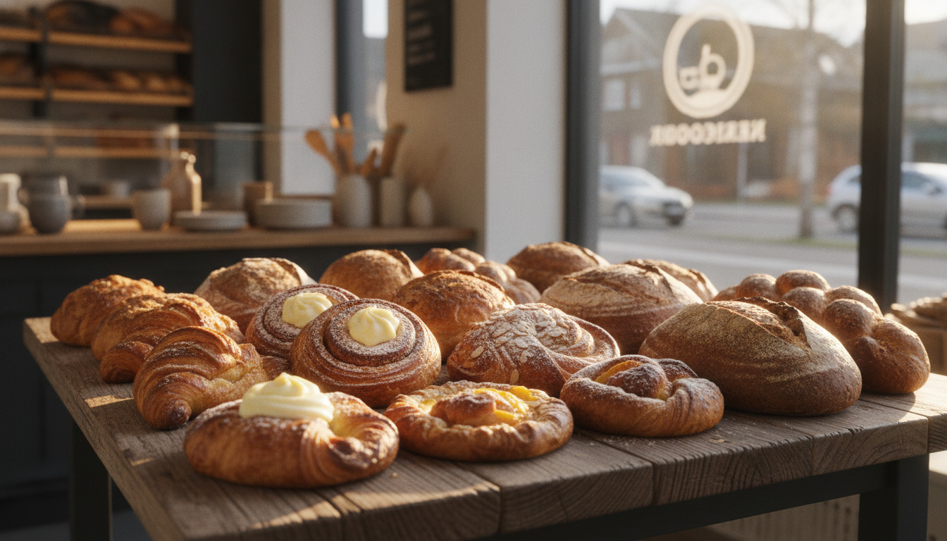 Nybagt dansk bagerbrød og kager på træplade i varmt lys – croissanter, rundstykker og flødefyldte kagesnitter.