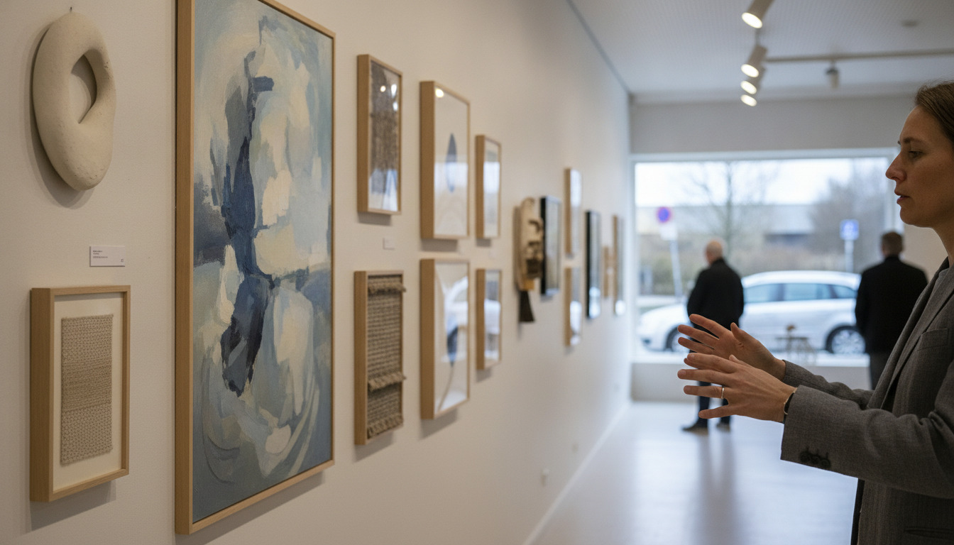 En besøgende gestalkulerer mod et abstrakt kunstværk ophængt på en hvid kunstnerisk væg.
