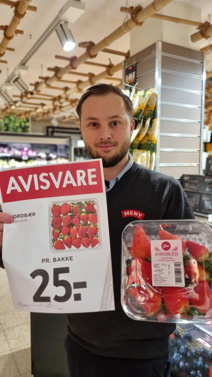 Meny Klarup tilbyder jordbær til 25 kr. pr. bakke indtil 6. februar 2025