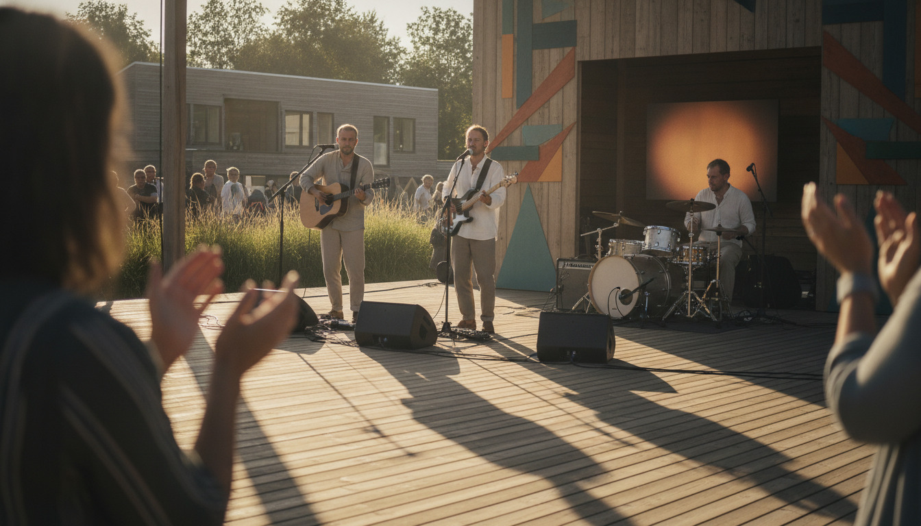 Musikere optræder på udendørs sommerfestival med publikum i forgrunden og nordisk sommerlys.