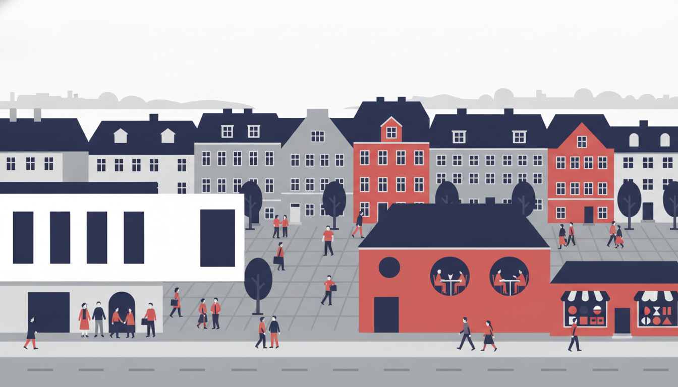 Flad vektorillustration af et dansk torv med traditionel arkitektur, med mangfoldige borgere på et moderne civilt pladsen med servicebygninger, butikker og fællesskabsrum, der repræsenterer kommunale services.