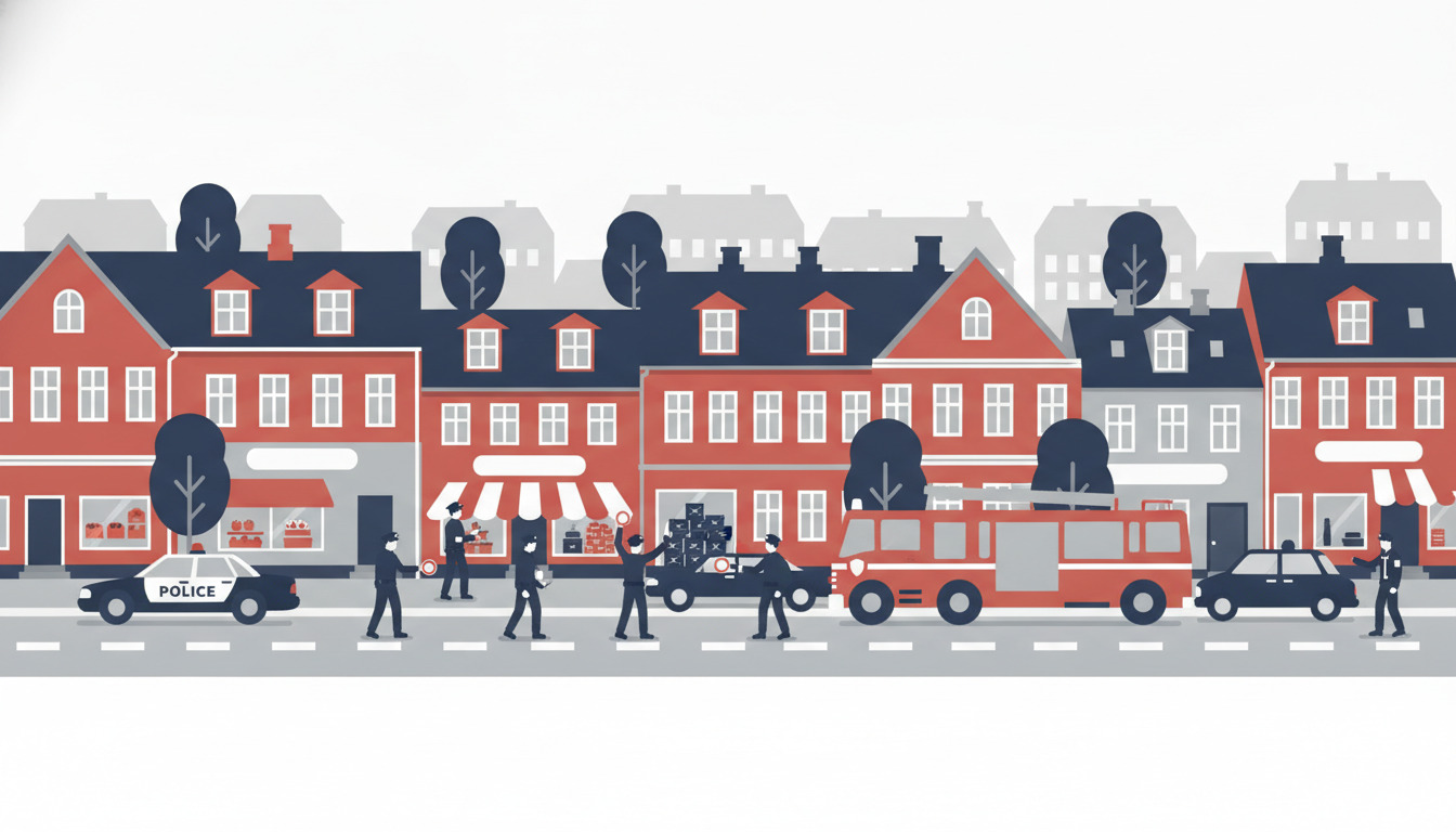 Fladvektorillustration af en travl gadesce i Hobro med politibil, brandslangekøretøj og uniformerede nødhjælpsfolk, der styrer trafik og hændelser blandt rød-mursten danske bygninger med butikker.