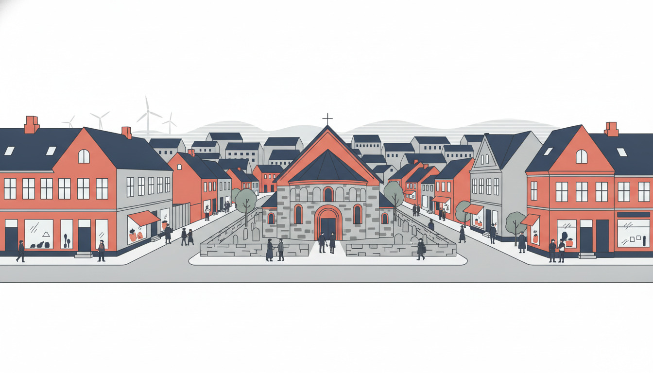 Fladvektor-illustration af Brande bycentrum med en romansk stenkirkke med rundbuede buer og et kors, omgivet af periodiske teglstensbygninger i rød og creme, med figurer på kirkegården og i gaden.