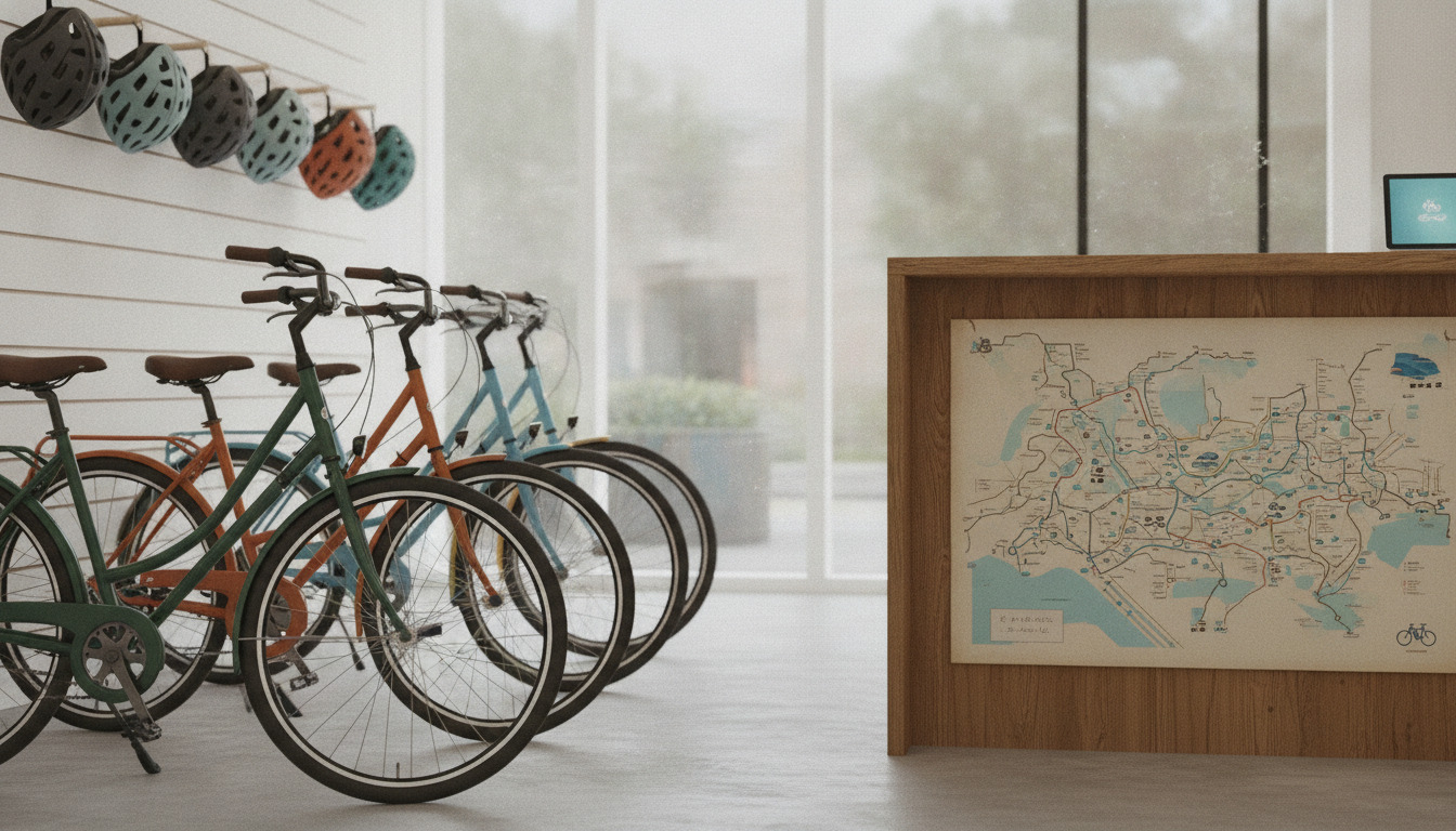 Farvefule cykler og cykelhjälme på hylde i nordisk butik med stort vindue og dagslys.