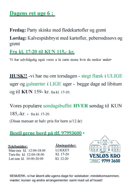 Vesløs Kro præsenterer ugens menu med gule ærter på torsdag